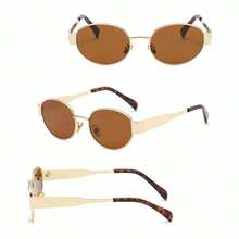 1pc New Korean Fashion Oval Frame Glasses For Women High-End Slim Glasses Personality Street Style Metal Glasses , Comes With An Exquisite Leather Clip, Perfect As A Gift Or For Your Own Use. - màu nâu - Xem 5