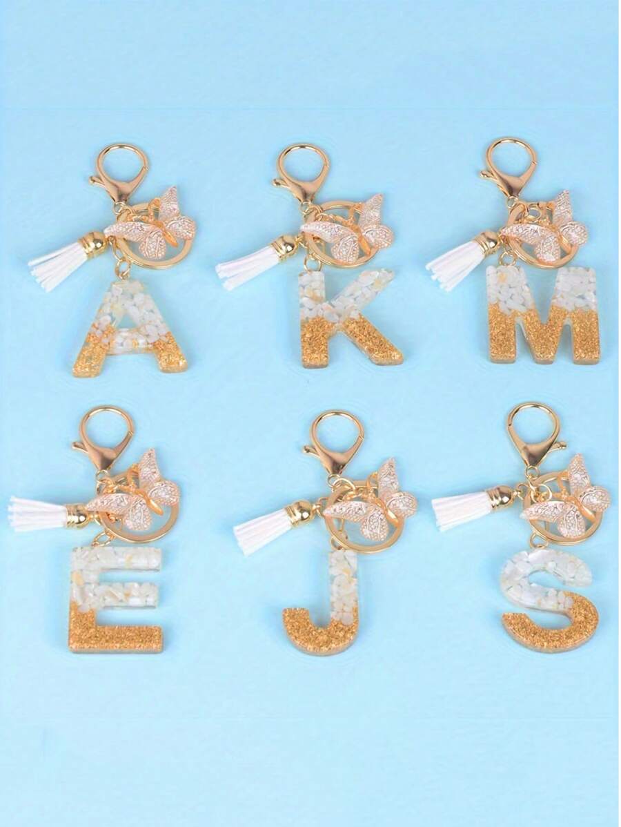 可爱的首字母钥匙扣白色钥匙扣，大写字母金箔树脂钥匙扣饰物带蝴蝶流苏吊坠，时尚钥匙扣，适合女士礼物钱包包手提包装饰，父亲节母亲节生日礼物感恩节和圣诞节节日礼物 - 白色 - 查看 1