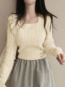 韩版休闲秋冬麻花针织毛衣，单排扣方领纯色套头衫，女士 - 乳白色 - 查看 3