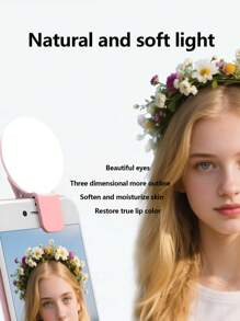 1个USB可充电自拍环形灯，Aro De Luz品牌，3种亮度模式，旅行配件，附带USB充电线，适用于自拍环形灯辅助照明、弱光自拍增强、智能手机摄影、便携式补光灯、直播等。