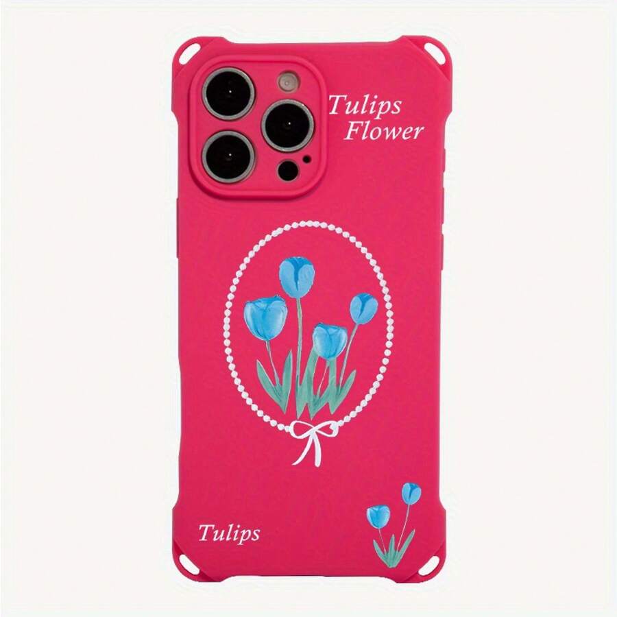 Funda de teléfono 1 pieza diseño de patrón de tulipán azul cuatro esquinas funda de teléfono colgante 15 Pro 14 Plus 16 12 13 TPU todo incluido esmerilado suave - Colores mixtos 1 - Ver 1