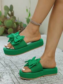 女士时尚户外一脚蹬拖鞋绿色厚底防滑轻便蝴蝶结装饰面料凉鞋 - 綠色 - 查看 4