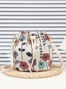1 件米色撞色拼接抽绳提花提花水桶包，轻巧紧凑时尚百搭斜挎包，适合户外、度假、休闲优雅女士手提包