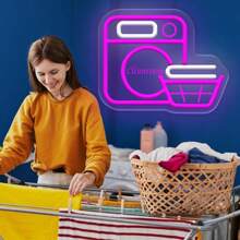 定制洗衣折叠和名称霓虹灯标志，带有 3D 雕刻，个性化 LED 霓虹灯适用于家庭、洗衣房、商务、卧室、客厅和家居装饰，是家庭、商店、乔迁和其他场合的理想独特礼物。 - 彩色 - 查看 4