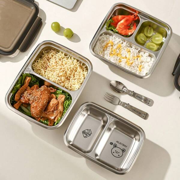 1pc Multi-Grid 304 Stainless Steel Lunch Box With Lid, Cute Pattern Portable Large Capacity Fruit Salad Food Container With 2/3 Compartments, Durable Sealed Leak-Proof Divided Bento Box, Suitable For Adults & Students Use In School, Office, Travel, Picnic, And Camping, Dishwasher Safe