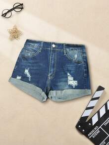 Quần short denim nữ dáng rộng, có túi, rách gấu, chất liệu denim mài, thích hợp cho mùa hè. - Màu xanh trung bình - Xem 5
