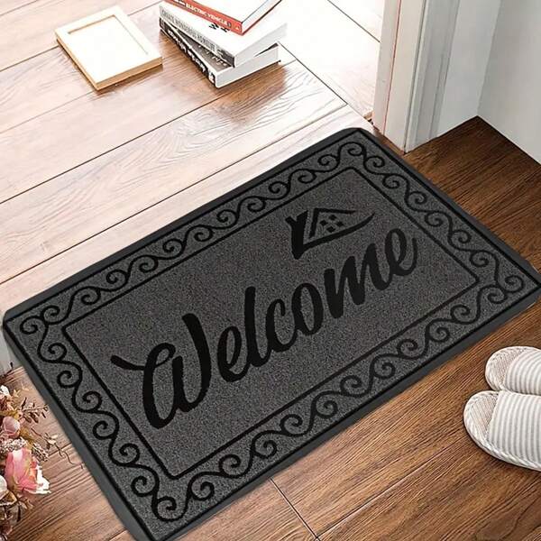 1pc Black "WELCOME" Door Mat With Heart Design - Machine Washable, All-Season Polyester Mat For Entryway, Kitchen, Bedroom - Ideal Housewarming Gift & Everyday Home Decor, Welcome Mat For Front Door