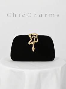 黑色丝绒优雅小手拿包，饰有水钻链条和蛇头锁，时尚手提包，适合搭配晚礼服，出席正式晚宴、派对、婚礼、鸡尾酒会等场合，是送给女性的理想礼物。 - 黑色 - 查看 2