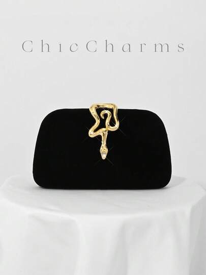 1pc Elegant Black Velvet Small Clutch Bag, Women's Evening Dress Purse With Rhinestone Chain Strap, Sophisticated Snake Lock Party Handbag Suitable For Formal Occasions, Weddings, Cocktails, Ideal Gift For Her , New Year , Valentines Gifts