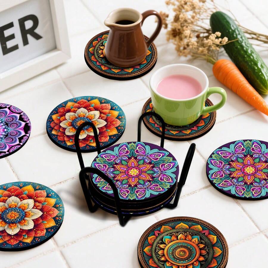 4/8/12/24/32pcs Mandala Pattern Creative Theme Coasters, Universal Beverage Pads Suitable For Tea Cups And Coffee Cups, Perfect For Home And Cafe Use, Ideal Gift - Multicolor - View 1