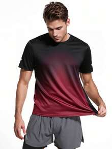 1pc Men's Gradient Color Sports Short Sleeve T-Shirt, Elastic, Breathable, For Running, Training, Fitness, Spring/Summer - Black - View 2