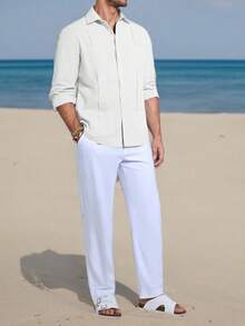 Runcati Mens Guayabera Linen Shirts Long Sleeve Button Down Casual Summer Beach Shirt Tops - 白色 - 查看 7