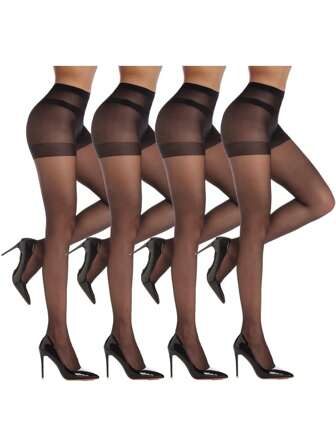 4双装女士性感20D透明黑色连裤袜，时尚简约，舒适透气