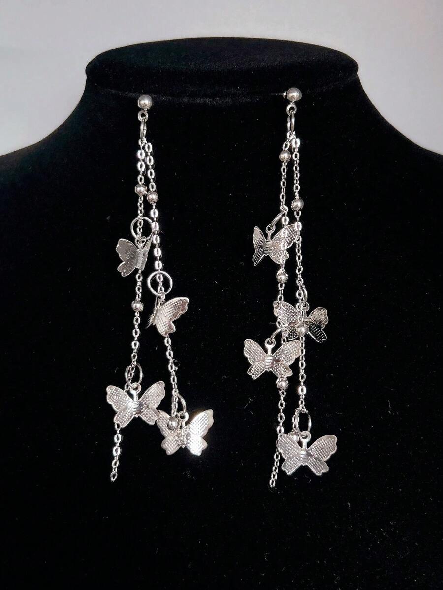 2 件时尚百搭长流苏蝴蝶吊坠耳环，适合女孩日常佩戴，派对饰品 - 銀色 - 查看 1