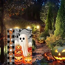 1 件万圣节鬼魂花园旗帜 - 12x18 英寸恐怖粉色幽灵涤纶庭院横幅，复古闹鬼门廊装饰，防水户外万圣节装饰，单面恐怖草坪旗帜，适用于前院和派对