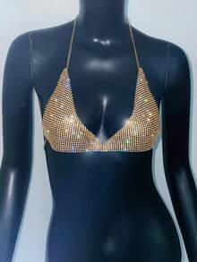 Y2K Women's Metal Rhinestone Bralette, Sexy Sheer Glitter, Suitable For Bar Party Carnival, Club Wear For Rave