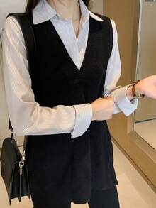 Versátil camisa a rayas mujeres diseño sentido nicho luz superior suelta camisa - Caqui - Ver 4