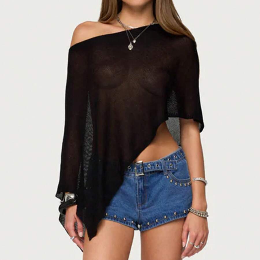 Summer Irregular Knitted Cover-Ups Crop Tops Mesh Poncho Womens Sheer Poncho Shrug Bolero Lightweight Summer Shrug Pullover Sweater Y2k Aesthetic Vintage Boho Beach Vacation Going Out Clothes - 黑色 - 查看 1
