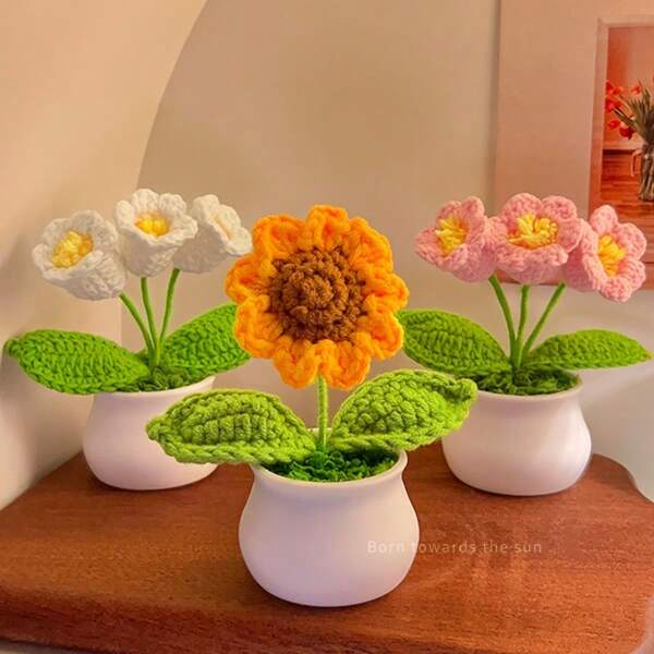 Handmade Crocheted Sunflower Decor, Birthday Gift, Friendship Gift, Lifelike Everlasting Flower Bouquet, Home Office Desktop Decoration, Creative Knitted Flower Bouquet Gift For Women, Teacher, Graduation,School Supplies,Back To School