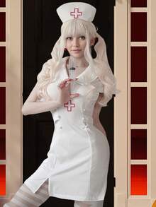 Women Nurse Costumes Cross Short Sleeve Collared Mini Dress With Hat Halloween Cosplay Outfit - White - View 2