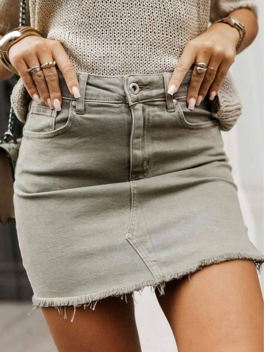 Chân váy denim nữ, túi vải denim cotton, thời trang thường ngày mùa hè chất lượng cao - màu nâu - Xem 1