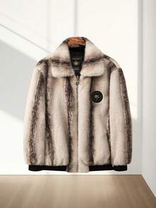Men's Turndown Collar Warm Faux Fur Contrast Color Long Sleeve Coat, Winter