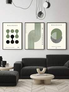 3pcs Canvas Artwork Collection, Framed Prints For Unique Home Decor - Wooden Framed Style Green Bauhaus Decorative Posters, Mid-Century Modern Posters, Geometric Art Prints, Line Art, Sage Green, Wall Arts, Art Prints, Posters, For Living Room, Bedroom, Bathroom, Optional Frame - Multicolor - View 2