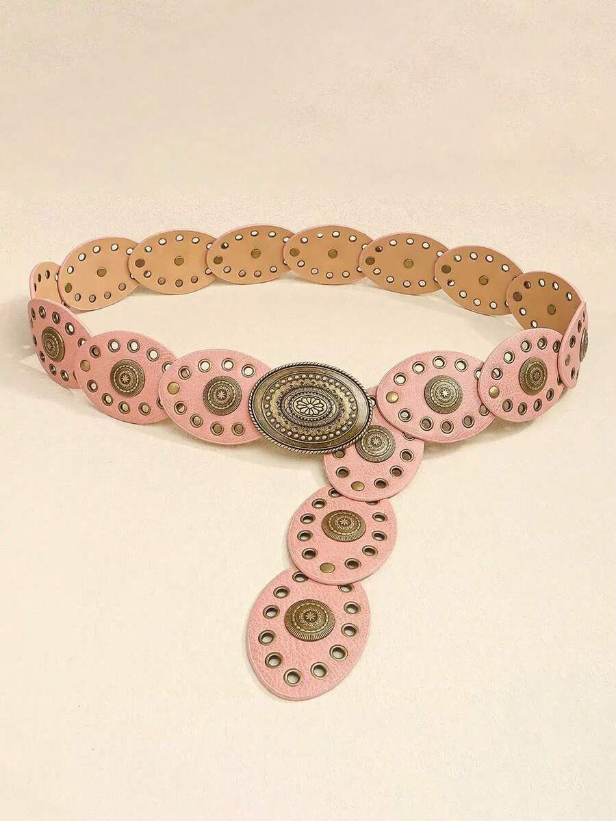 1 pieza Cinturón bohemio rosa, cinturón ovalado con remaches y malla de estilo punk vintage para mujeres que usan ropa occidental, un estilo alternativo para combinar con vaqueros, vestidos, adecuado para uso diario, fiestas, vacaciones, festivales de música