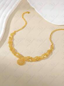 24K 镀金迪拜优雅花卉图案耳环和项链首饰套装，精致的中东风格，适合派对、婚礼、周年纪念、休闲日常穿着 - 金色 - 查看 2