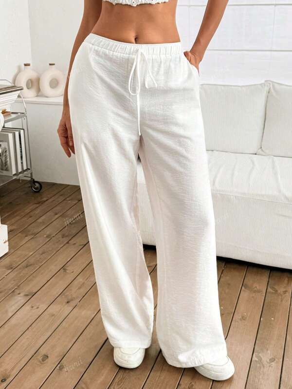 Solid Color Pocket Drawstring Waist Casual Loose Wide Leg Pants