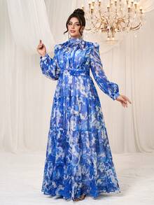 YISIKADO 大码女式雪纺连衣裙扎染长袖优雅长裙婚礼节日茶会度假毕业婚礼宾客 - 彩色 - 查看 6