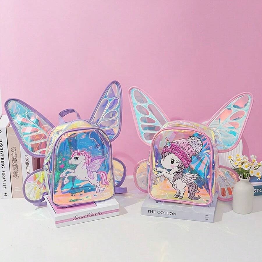 1pc Cute Unicorn Mini Backpack With Large Butterfly Wings, Clear TPU Material, Adjustable Shoulder Straps, Zipper Closure, Lightweight, Screen Print, Unlined, Suitable For College, Cartoon Style, Great Birthday & Christmas Gift