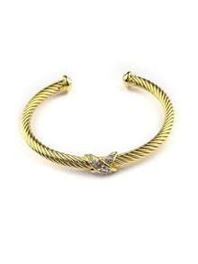 1pc Fashionable Cubic Zirconia Women Stainless Steel 18K Gold Plated 5mm Cable Twist Openable Adjustable Bangle Bracelet, Elegant Jewelry Gift For Lover, Family, Friends - Gold - View 8