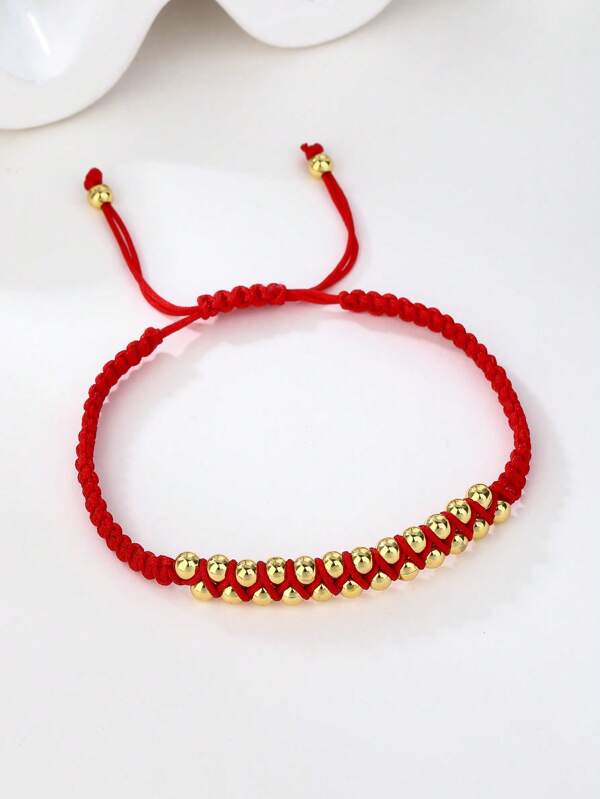1pc Double Strand Smooth Pearl Women's Handmade Braided Rope Bracelet/Chinese Knot Bracelet, Bright Red