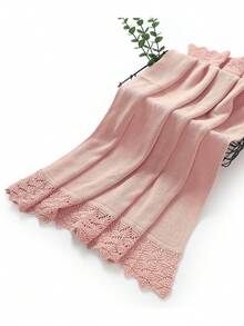 1pc Infant Knitted Solid Color Blanket With Delicate Lace Border, Kids Cozy Blanket, Suitable For All Seasons - Pink - View 2