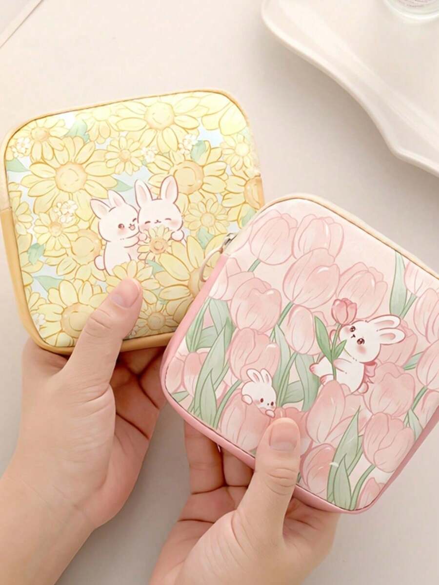 1 Stück süßer Cartoon Ölgemälde Design PVC Material Aufbewahrungstasche, lässiger Stil, leicht, handwaschbar, großer Stauraum tragbarer Organizer für Kopfhörer, Datenkabel, Lippenstift, Damenbinden