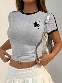 Women's Fitted Round Neck Printed Striped Short Sleeve T-Shirt, Contrast Color Pattern Casual Summer - Gray 17# - View 4