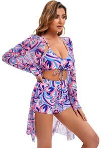 Full Print String Bikini With Beach Cover Up Kimono 3-Pieces Geometric Print Bikini Sets, V Neck Boxer Short Bottom With Cover Shirt Long Sleeves Swimsuit, Women's Swimwear & Clothing Valentine's Day - 紫色 - 查看 4