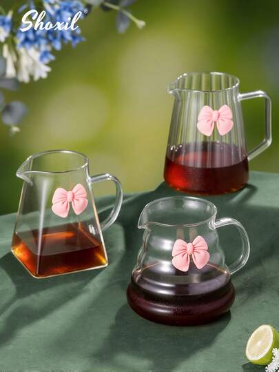 shoxil 1 件粉色蝴蝶结无盖咖啡壶，高硼硅玻璃咖啡勺，云形透明咖啡壶，适用于家庭、办公室、外出