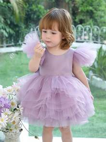 Baby Girl Bowknot Flutter Sleeve Light Purple Elegant Princess Dress, Suitable For Baby Girl's Birthday, Wedding, Party, Holiday Celebration, Formal Occasion Dress - 紫色 - 查看 5