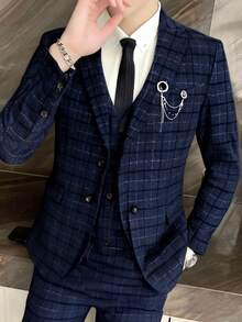 3 piezas Conjunto de traje a cuadros para hombre, que incluye chaqueta, chaleco y pantalones, de estilo minimalista y de moda, para uso casual diario - Azul Marino - Ver 2