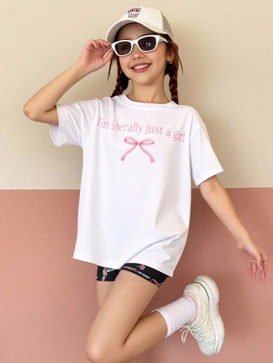 Girls' Soft And Stretchy Round Neck Short Sleeve T-Shirt, Creative Pink Bow Print, Summer Tops