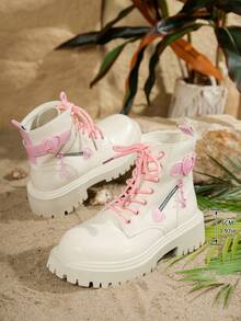 女士米色粉色丝带心形蝴蝶结拉链短靴，秋/春季款 | 2025新款厚底可爱粉黑踝靴，休闲户外度假时尚派对T台欧美复古骑士靴，法式简约冬季网红推荐坡跟踝靴 - 米色 - 查看 5