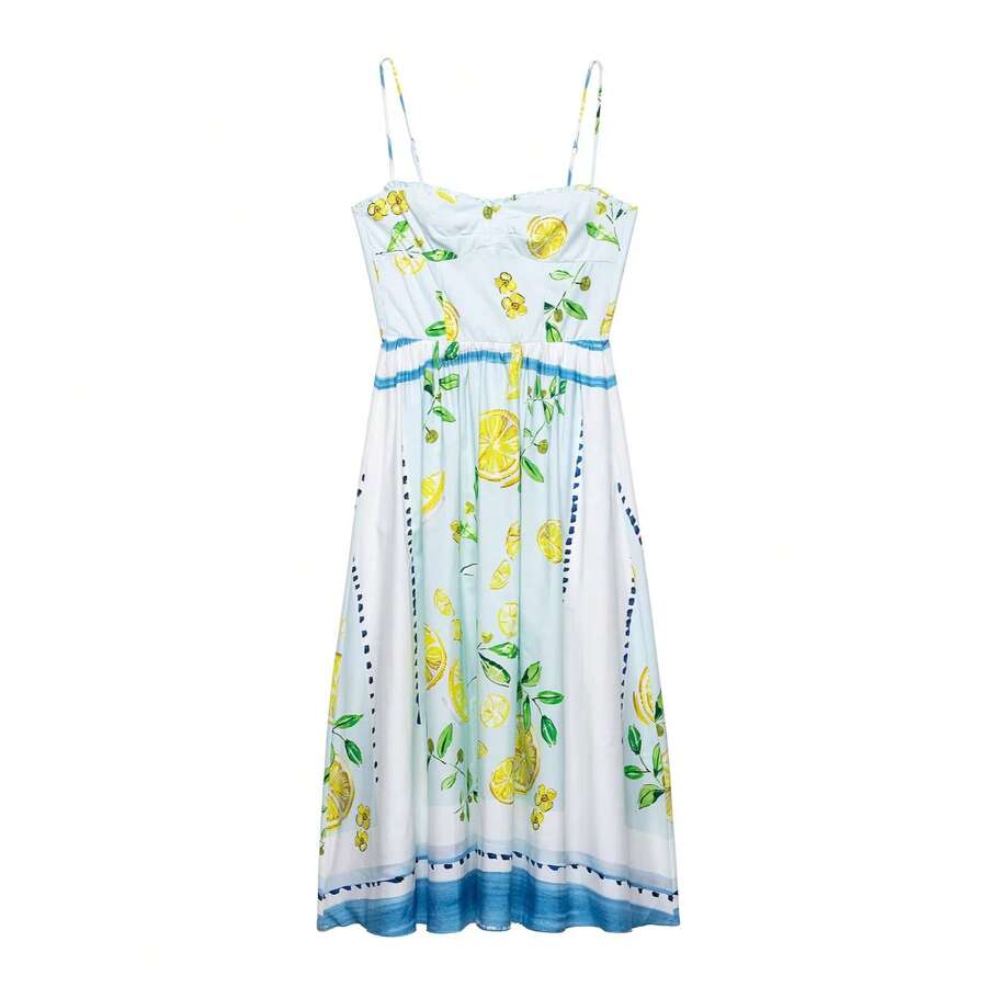 ZEVITY Vestido de tirantes con cierre de cremallera con estampado de limones y hojas, en estilo bohemio informal DS1736