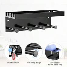 RRRDog Leash Holder For Wall Key Holder Wall Mount Metal Dog Leash Hooks Pet Stuff Storage Shelf For Leash Hanger Entryway Organizer Key Rack For Pet Collar Treats Toys Mail - Black - View 3