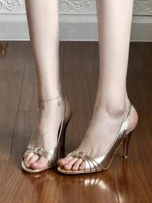 2026新款露趾网纱蕾丝刺绣蝴蝶结防水厚底凉鞋，性感细高跟女鞋 - 金色 - 查看 8