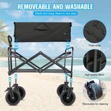 Big Wheels Collapsible Wagon Cart Foldable, Heavy Duty 350 LBS Beach Wagon With Silent All-Terrain Wheels, Folding Utility Grocery Cart With Side Pocket And Brakes For Camping Garden Sports, Black