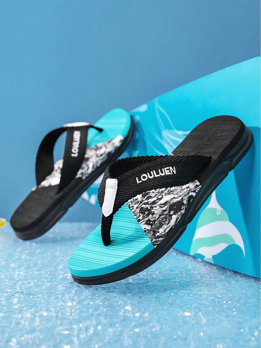 男士人字拖、男士拖鞋、休闲沙滩拖鞋、时尚室内外拖鞋 - 黑色 - 查看 1