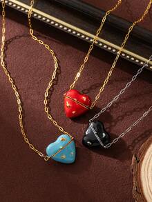 1pc Fashion Sweet And Exquisite Heart-Shaped Enamel Ball Necklace With Hidden Pearl Inside, Plated With 18k Gold, Not Easy To Oxidize, Showing Charm And Personalized, Suitable For Women's Daily Dressing Decoration, Beach Vacation Parties, Music Festivals. - Multicolor - View 3