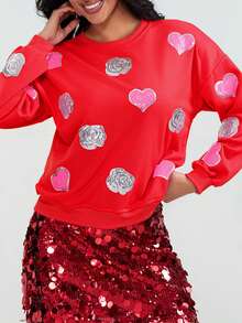 Women's Valentine Loose Sweatshirt Long Sleeve Round Neck Sequins Rose Heart Pullover - Red - View 3